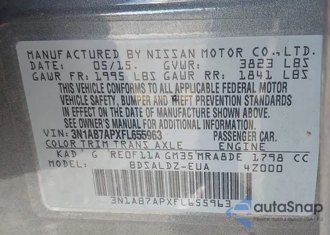 2015 Nissan Sentra S/Sv/Sr/Sl z USA, uszkodzony, nr VIN 3N1AB7APXFL655963